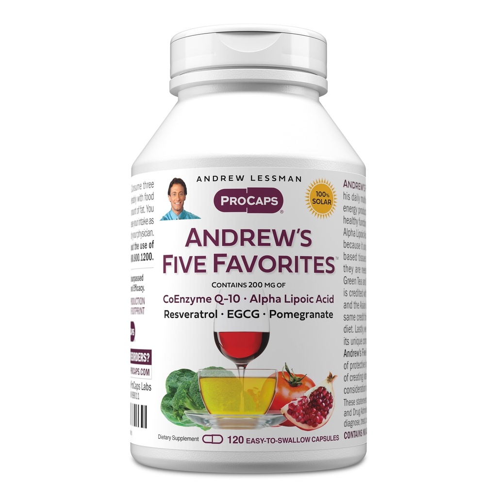 ANDREW LESSMAN Andrew's Five Favoritos 120 Cápsulas - Fornece 200mg Cada um de Coenzyme Q-10, Resveratrol, EGCG, Romã e Ácido Alfa Lipóico, Apoio Anti-Oxidante Poderoso, Sem aditivos