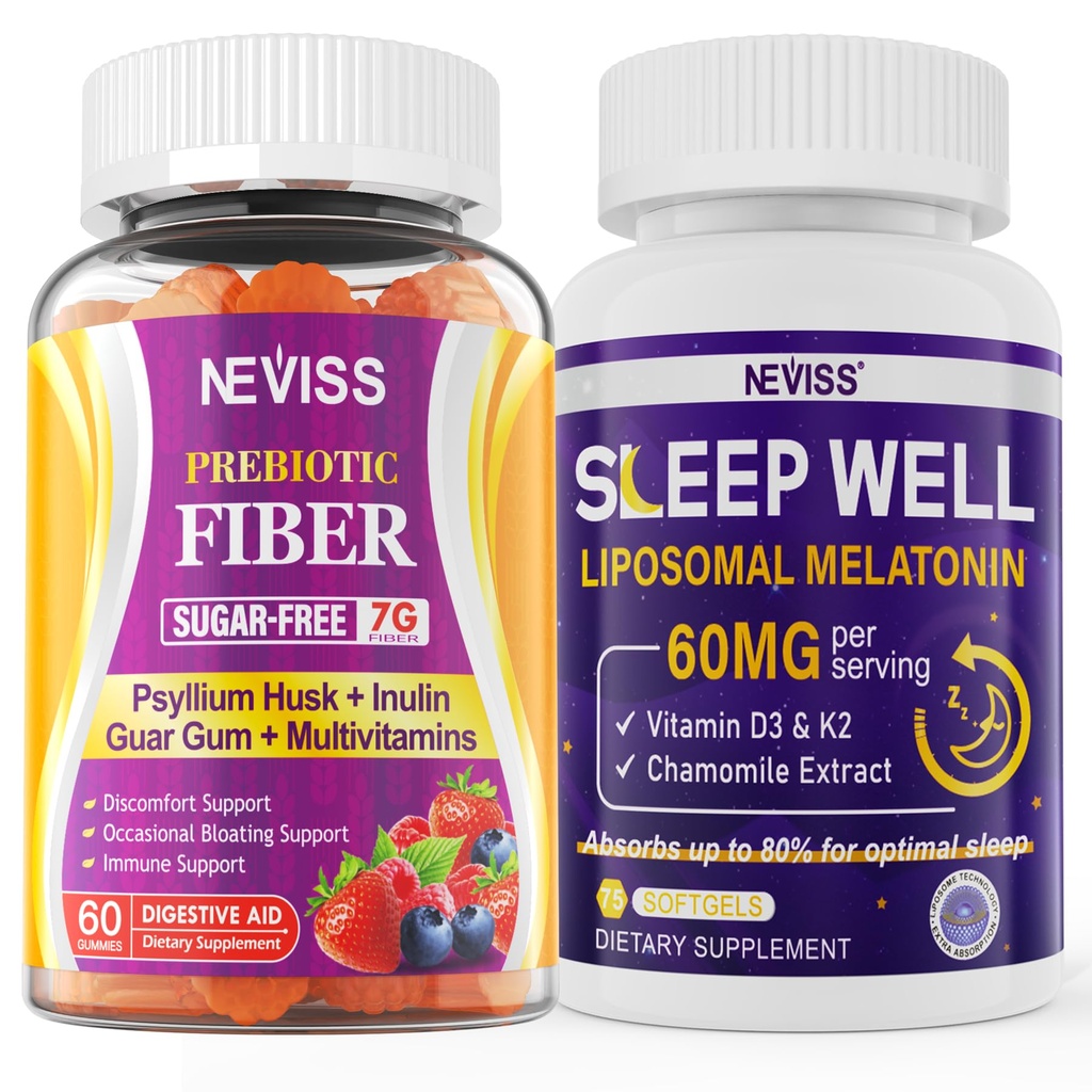 NEVISS Prebiótico Fibra 7G Gummies para Adultos + Melatonina 60mg para Adultos Bundle