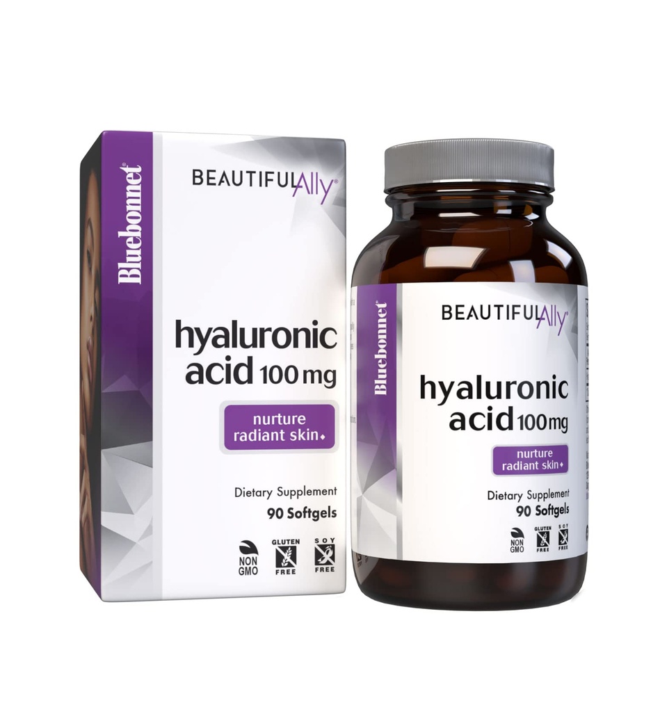 Bluebonnet Nutrição Ácido Hialurônico bonito Ally 100mg, Pele Radiante Nurture*, Não-GMO, Gluten-Free, Soy-Free, 90 Softgels, 90 Servings