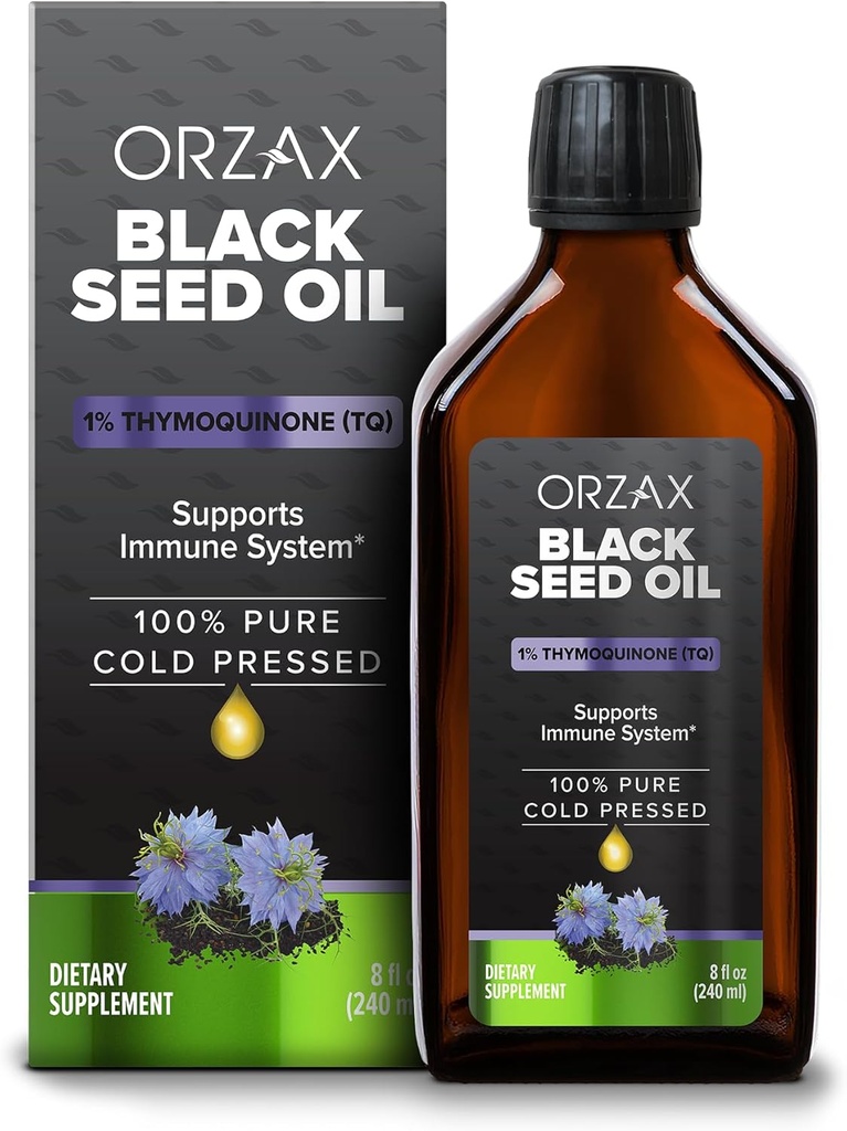 ORZAX Black Seed Oil Liquid (8 fl oz) - Frio prensado 100% puro Vegan, Gluten Free, Non-GMO 5000mg Black Cumin (Nigella Sativa) Óleo com 50mg Thymoquinone Rico em Ómega 3-6-9