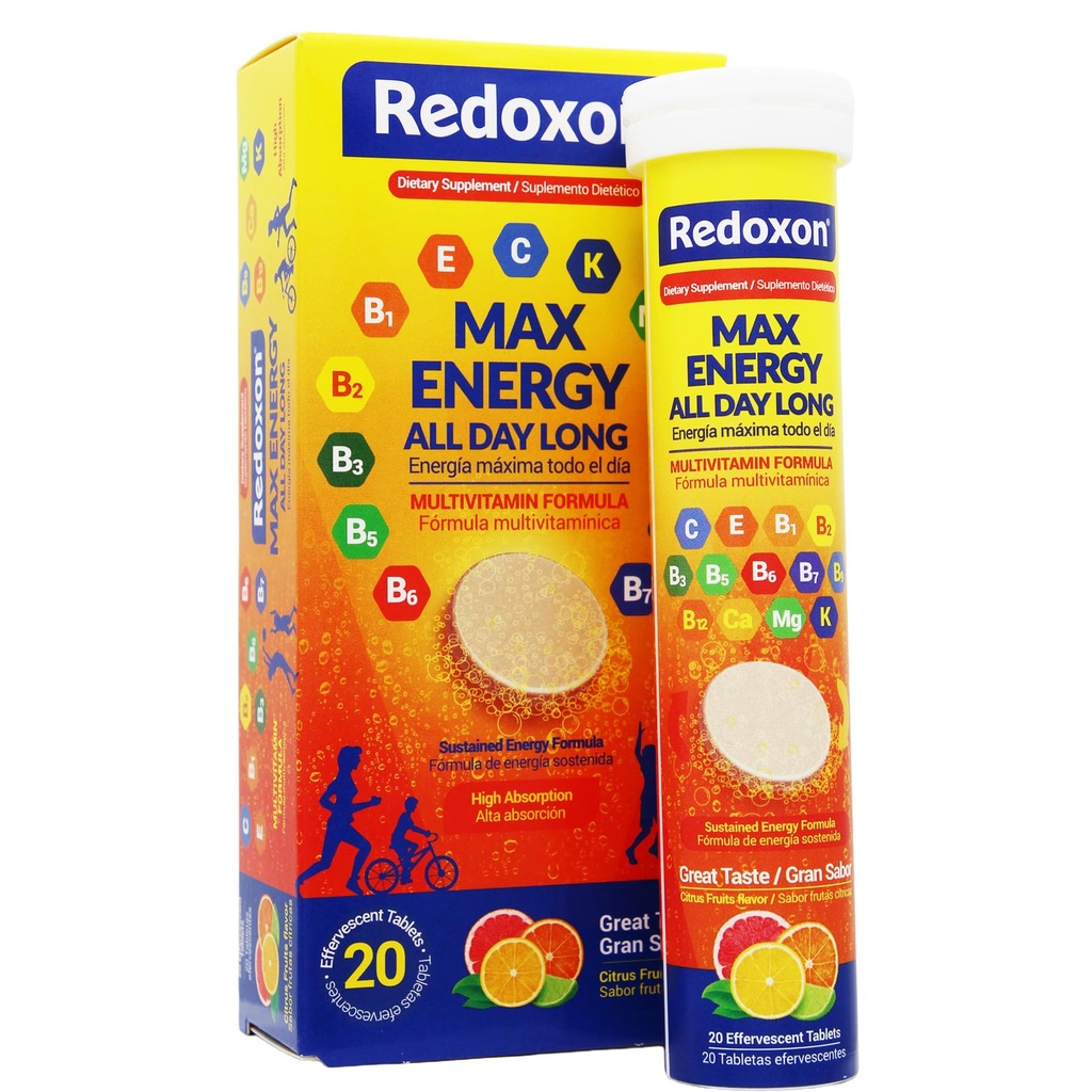 Redoxon Max Energy, Ajuda o suporte Inmune System, Citrus Flavor, 20 comprimidos efervescentes, 2.82 Oz, Box