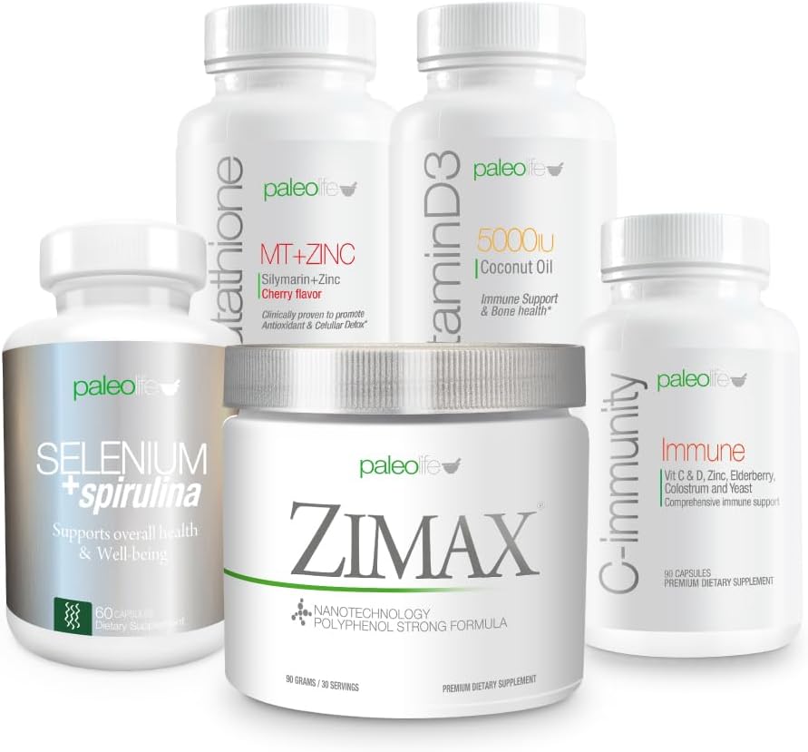 Kit de valor máximo de defesa Premium: Este kit de 5 Suplementos Premium e Vitaminas inclui: Zimax, Selenium + espirulina, Glutationa MT + zinco, Vitamina D3 e C-Imm.