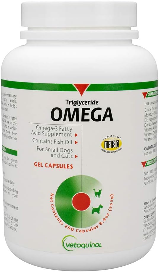 Vetoquinol Triglicerídeo Omega 3 Suplemento para cães e gatos, Suplemento de óleo de peixe com EPA e DHA, Promove a pele, casaco, junta e saúde imunológica, óleo de peixe Omega 3 para cães e gatos até 30 libras, 250ct