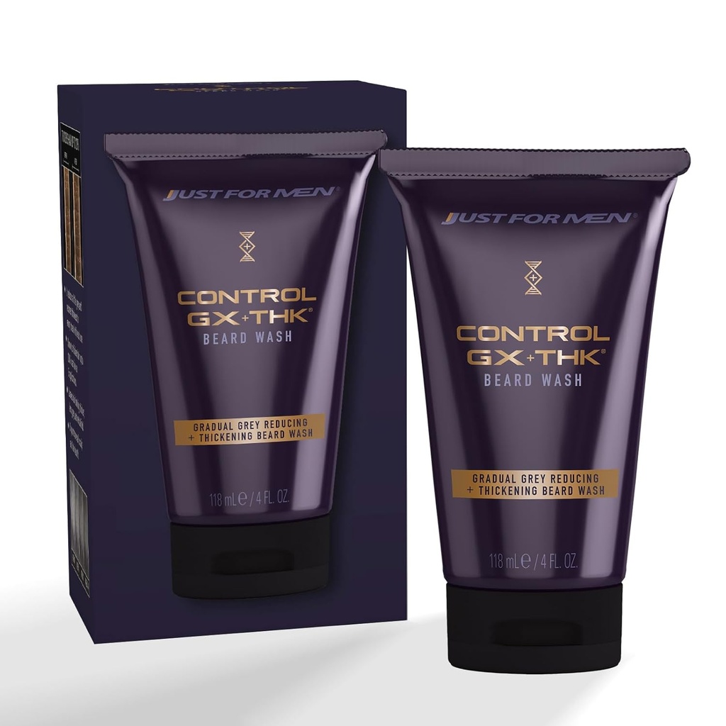Apenas para homens Controle GX + THK Thickening Beard Wash com redução de cinza, Alpha queratina ajuda o crescimento da barba, espessa o cabelo até 20%, Funciona com cada textura de cabelo, 4 onças