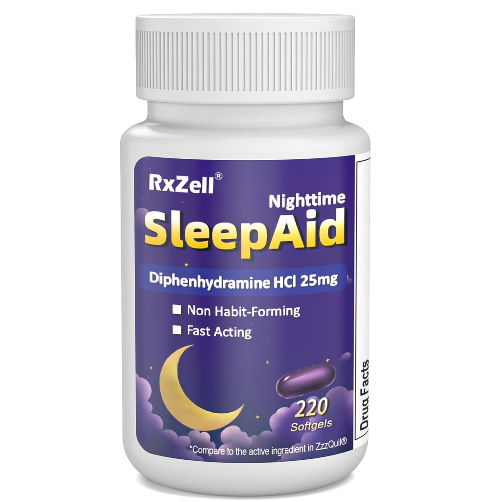 Sono Auxiliar, Difenidramina HCl 25mg, 220 Softgels - Adormecer mais rápido, sono mais profundo descansado, não forma de hábito