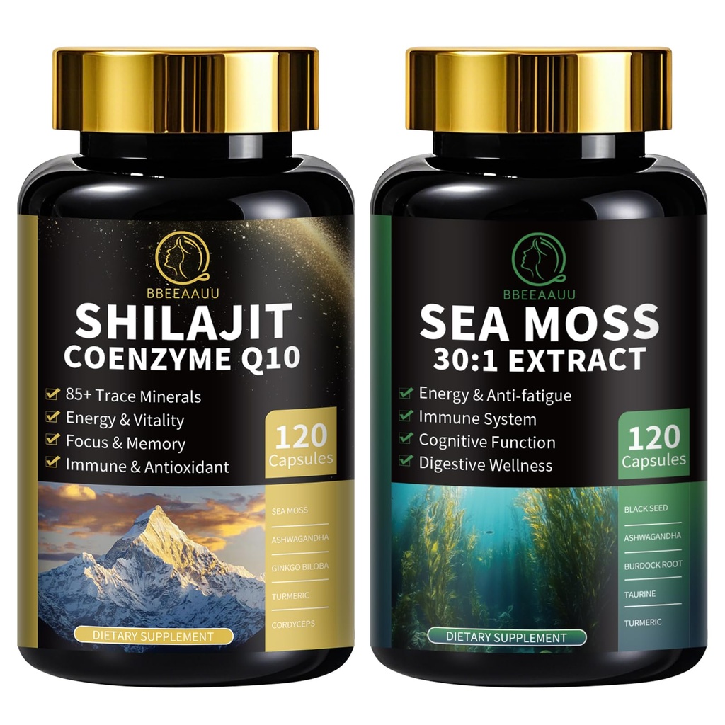 Shilajit para homens, mar Moss e Shilajit Bundle, Todos em 1 Suplementos com Coenzyme Q10, Semente Negra, Ashwagandha, Taurine, Bardock para Energia, Endurance, Antioxidante e Suporte Imune, 240 Cápsulas