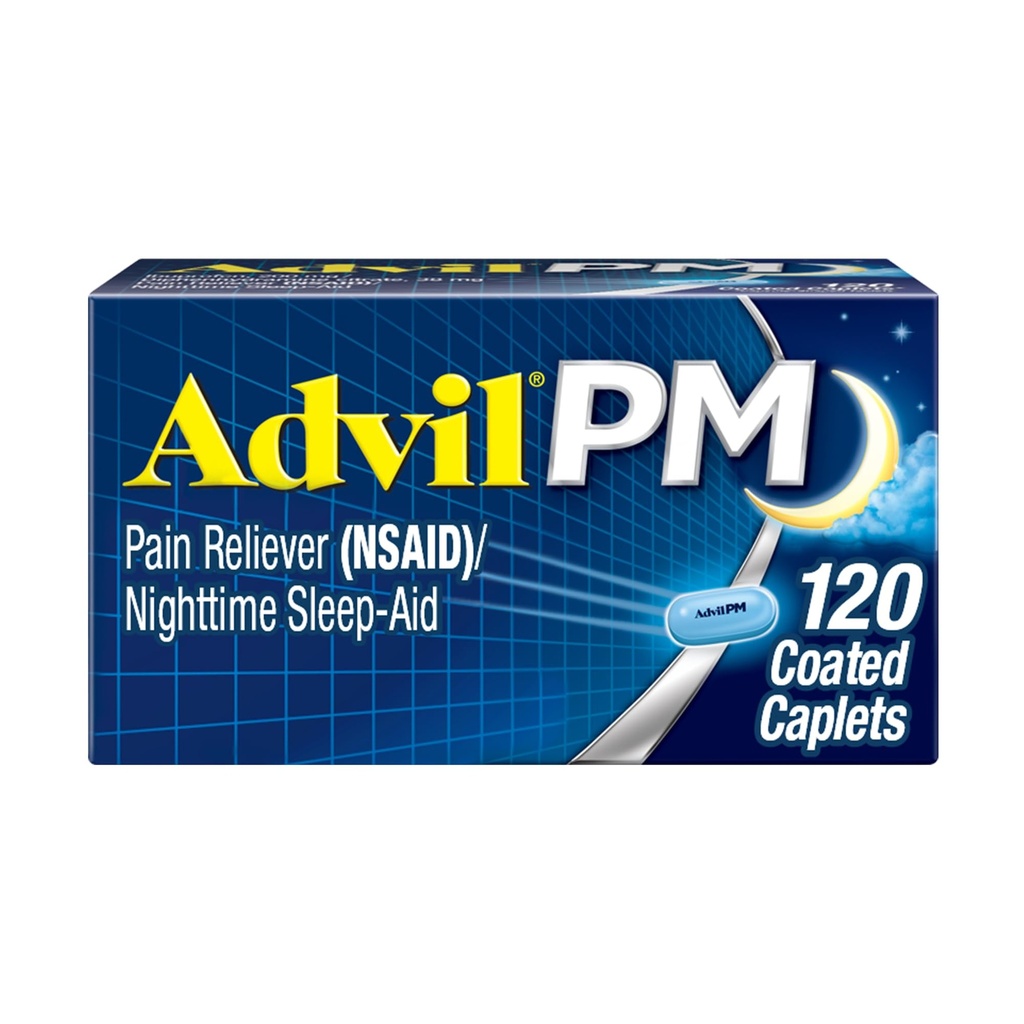 Advil PM Pain Reliever e Nighttime Sleep Aid, medicina da dor com Ibuprofeno para alívio da dor e Citrato de Difenidramina para uma ajuda do sono - 120 Caplets revestidos