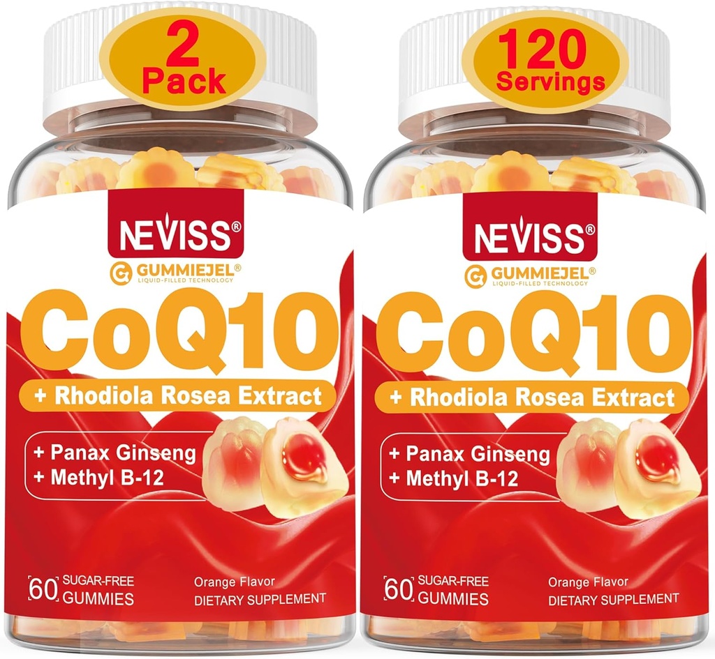 NEVISS Sugar Free CoQ10 chicletes preenchidos com vitamina B12 1000mcg, Rhodiola Rosea e Panax Ginseng Extract, Vitamina B6, Coenzima Q10 Suplemento, 2 Embalagem