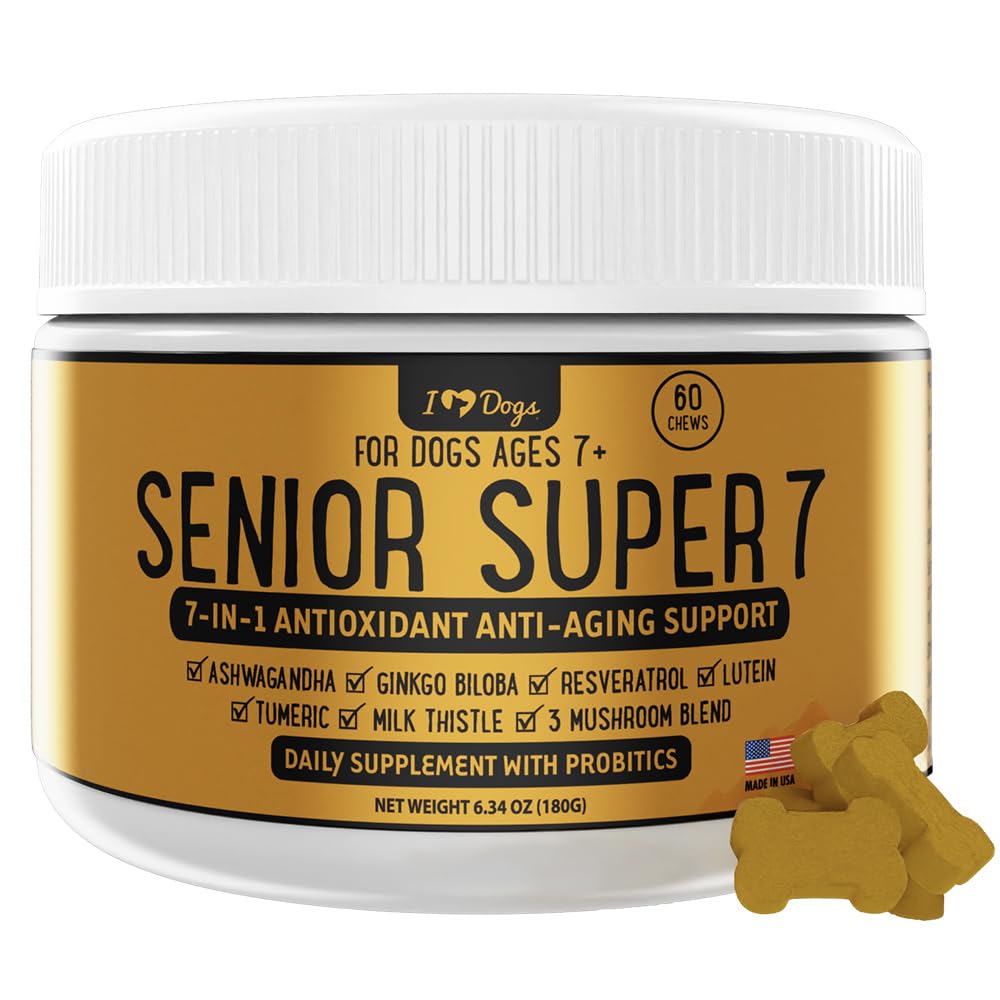 iHeartDogs Senior Super 7 Diary Dog Multivitamin - Vitamina 7-em-1 para cães Suporta Anti-envelhecimento com Antioxidantes, Probióticos, Mane Leão, Turkey Tail, & Ashwagandha para Longevidade & Aumento Cognitivo