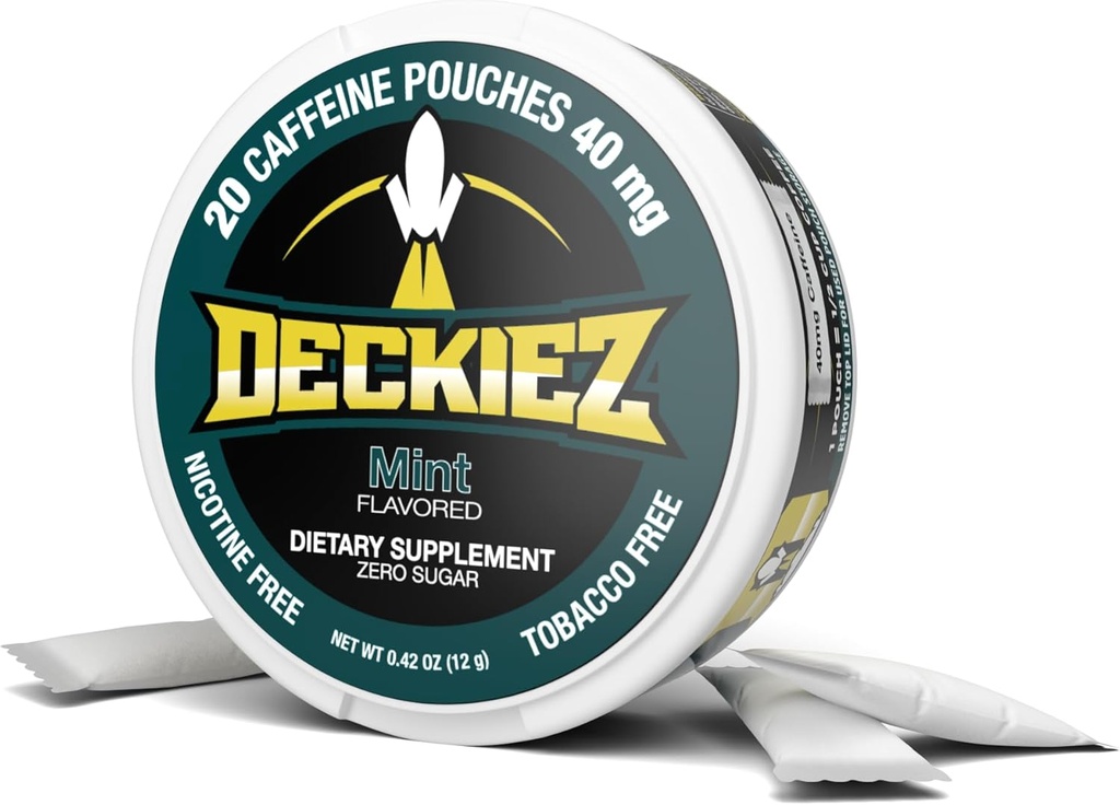 Deckiez Energy Pouches, 5 latas (100 Servings), Suplemento de cafeína sem açúcar, Café Pouches & Energia Beber Alternativa, 50mg Caffeine Pouches, Sabor de hortelã