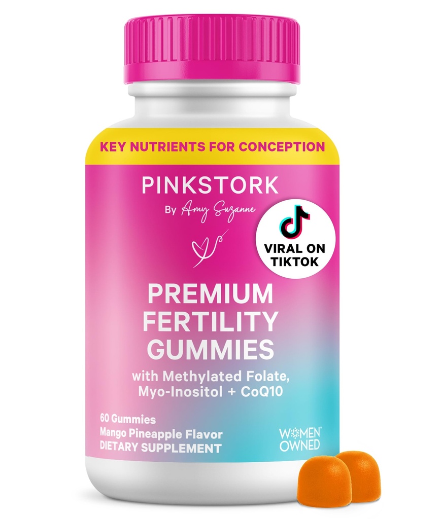 Pastilhas de Fertilidade de Cegonha Rosa para Mulheres – Sabor de Mango de Abacaxi, Apoio à Conceição com Myo-Inositol, CoQ10, Folato, Zinco, Vitamina D, B6, B12 – Suplemento Hormonal e Saúde Reprodutiva – 60 Gummies