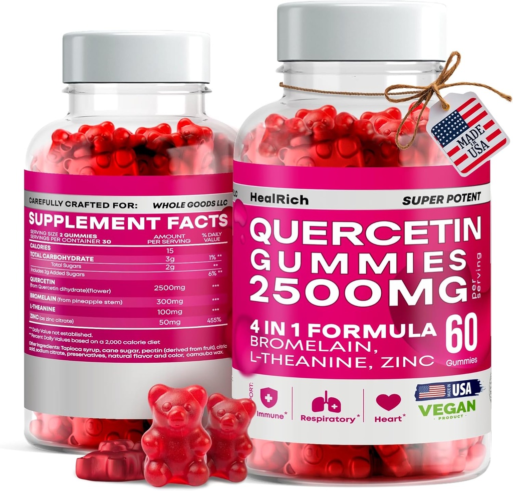 Quercetin Gummies - 2500MG com Bromelain, L-Theanina & Zinc Vegan Immune suplemento de apoio para crianças e adultos - Alergia alívio & saúde pulmonar