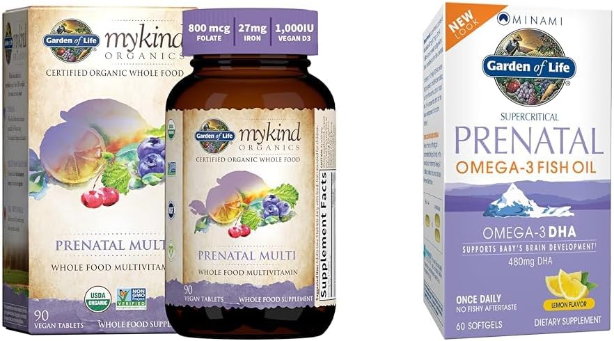Jardim da Vida Multivitamina pré-natal da mulher com vitamina D3, B6, B12, C & Ferro & Pré-natal DHA Omega 3 Fish Oil - Minami Natural Pré-natal, 60 Softgels