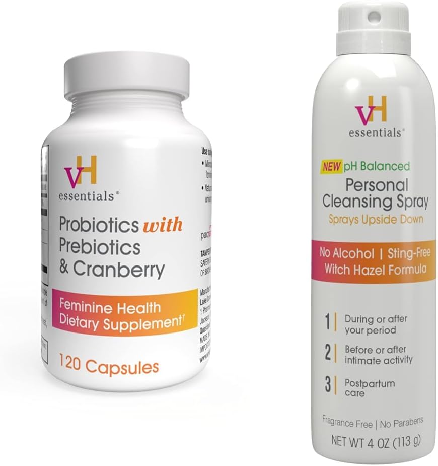 vH essencial Probióticos com Prebióticos e Cranberry Feminine Health Supplement - 120 Cápsulas e pessoal Cleansing Spray Bundle