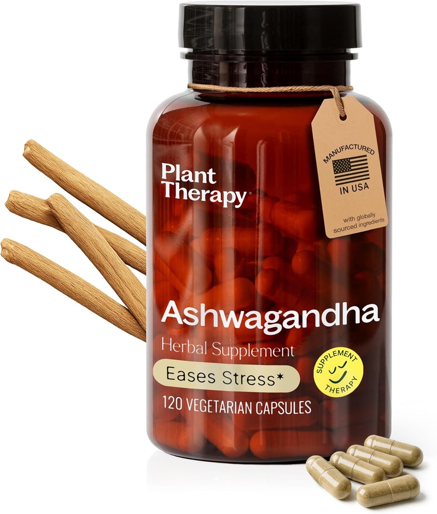 Terapia de plantas Cápsulas de Ashwagandha Fabricado nos EUA Fornecimento de 4 meses Promove o relaxamento e suplementos de equilíbrio emocional para mulheres e homens 120 Cápsula vegetariana