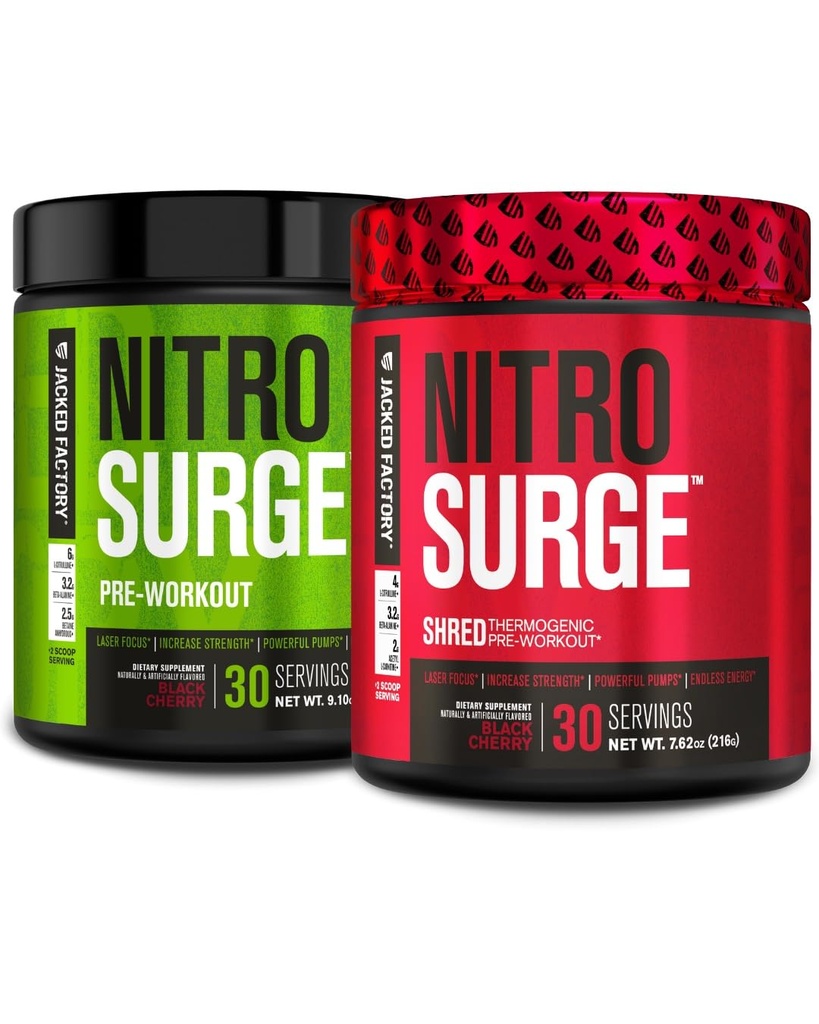 Fábrica Jacked Nitrosurge Pré-treino em Black Cherry & Black Cherry Nitrosurge Destruiu pré-treino termogênico para homens e mulheres