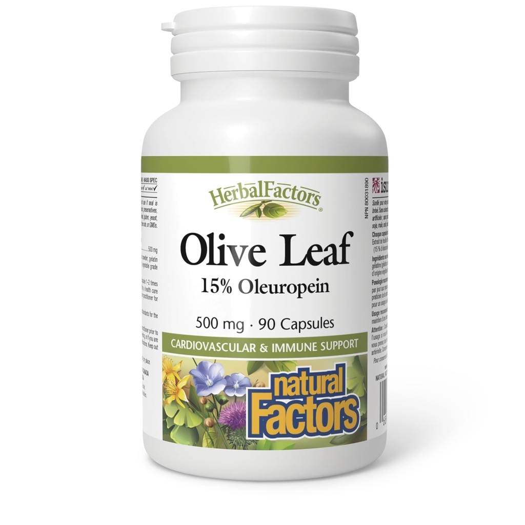 HerbalFactors by Natural Factors, Olive Leaf 500 mg, Natural Wellness Formula, 90 Cápsulas