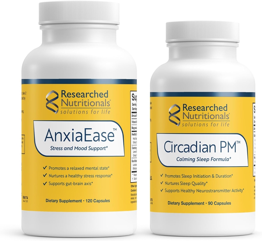 Suporte de Relaxamento Nutricional Pesquisado Bundle - AnxiaEase Stress, Cortisol Management & Mood Support Supplement (120 Cápsulas) & Circadian PM for Peaceful Nights (90 Cápsulas)