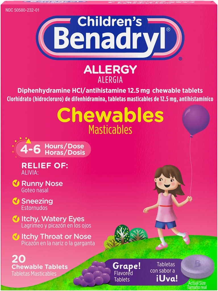 Benadryl Medicina de Alergia Infantil Mastigações com Difenidramina HCl, Mastigável Anti-histamínico para Crianças Tablets para alívio de sintomas de alergia como espirros e comichão olhos, Grape Flavor, 20 quilates