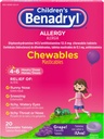 Benadryl Medicina de Alergia Infantil Mastigações com Difenidramina HCl, Mastigável Anti-histamínico para Crianças Tablets para alívio de sintomas de alergia como espirros e comichão olhos, Grape Flavor, 20 quilates