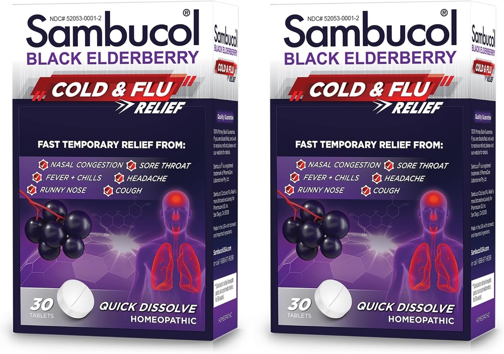 Sambucol Comprimidos de alívio de gripe e frio - Homeopático Cold Medicine, Nasal & Sinus Congestion Alief, Uso para Nariz Runny, Tosse, Cold Remedy para Adultos - Black Elderberry, 30 Count, 2-Pack