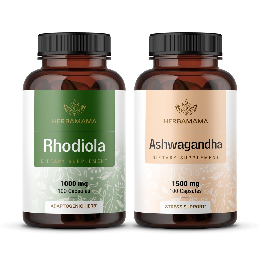 HERBAMA Rhodiola Rosea e Ashwagandha Kit - Pacote de 1000 mg Rhodiola Rosea Cápsulas & 1500 mg Ashwagandha Root Cápsulas - Vegan, Não-GMO, Gelatin-Free - 2 Pack