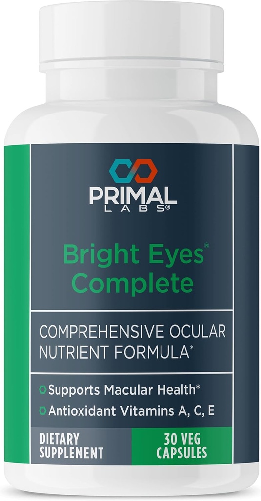 Saúde Primal Olhos brilhantes Completo - Ocular & Macular Saúde - Visão clara - Lutein & Zeaxanthin Fórmula - Visão saudável - Alivia Deformação Ocular da Luz Azul - Suplemento Dietário - 30 Cápsulas