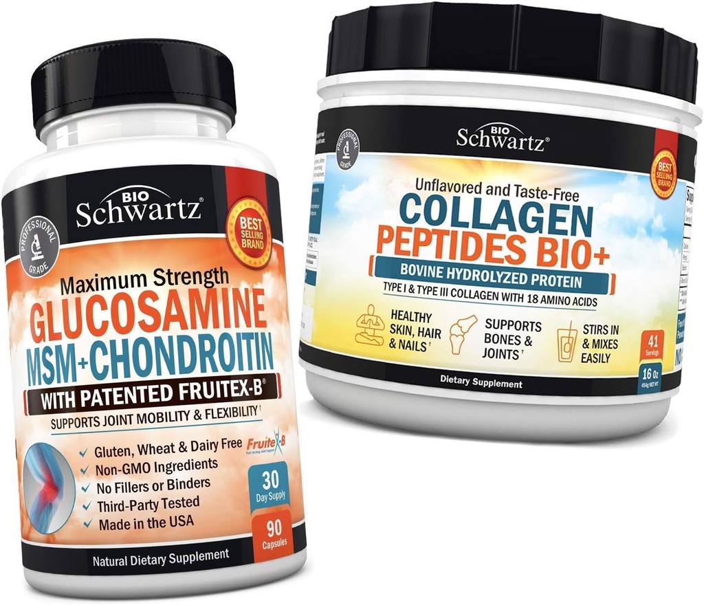 BioSchwartz Glucosamine Chondroitin HSH + Colágeno Peptídeos Pó - Osso saudável e suporte conjunto - Promove flexibilidade e suportes Cartilagem