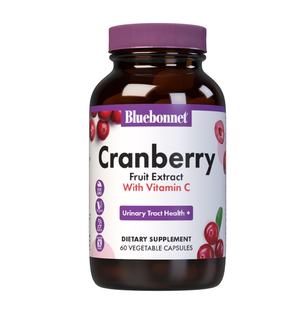 Bluebonnet Nutrition Cranberry Fruit Extract, Suporte ao trato urinário*, Não-GMO, Kosher-certificado, Vegan, Sem glúten, Sem soja, Sem leite, 60 Cápsulas Vegetais, 60 Servings