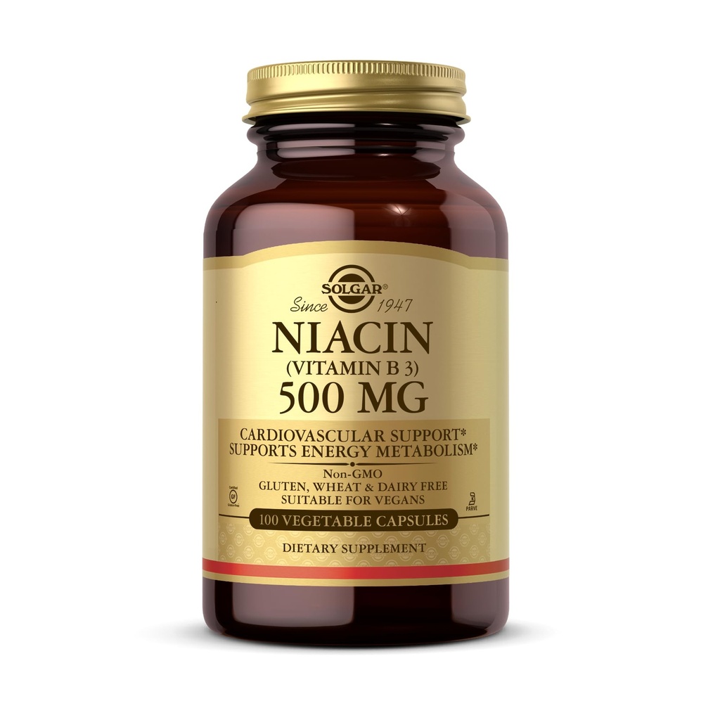 Solgar Niacin (Vitamina B3) 500 mg, 100 Cápsulas Vegetais - Metabolismo Energético - Não-GMO, Vegan, Sem glúten, Lacticínios, Kosher - 100 Servings