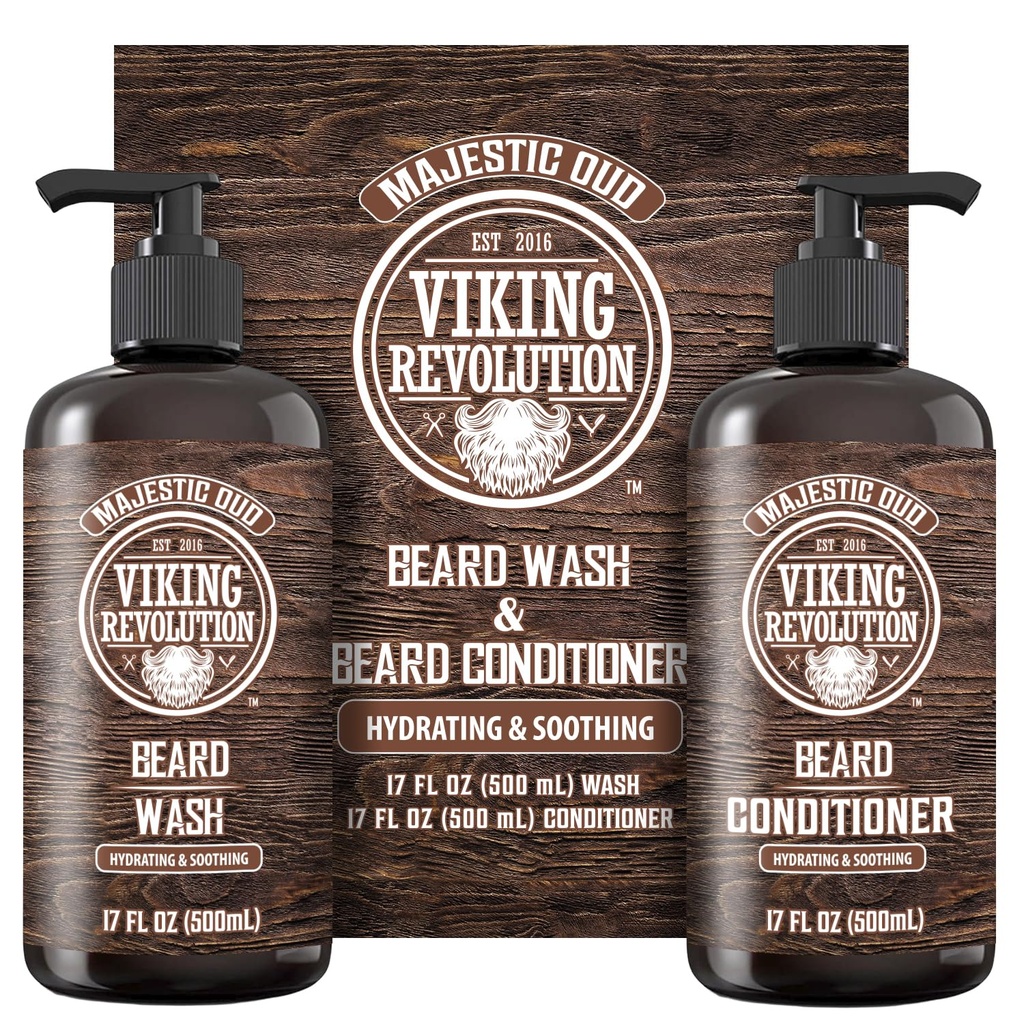 Viking Revolution Beard Wash and Beard Conditioner para homens com óleo de Argan e óleo de Jojoba - Beard Softener and Fortalecer Beard Care Shampoo and Conditioner with Beard Oil (17oz, Majestic Oud)