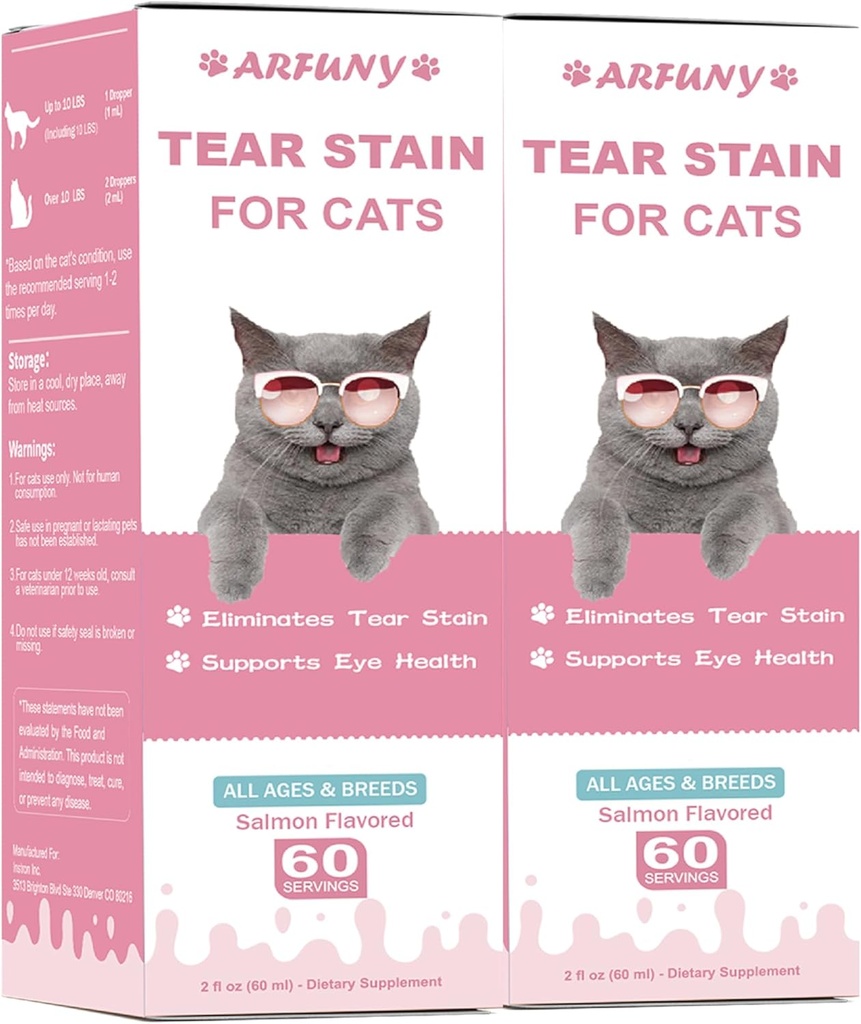 2 Pacotes Suplemento de Manchas Teares para Gato - Prevenir e eliminar gatos Manchas Tear - 60ML Cat Tear Stain Remover Drops for Eye Health, Imune System - with Cranberry, Marshmallow & Vitaminas - Salmon