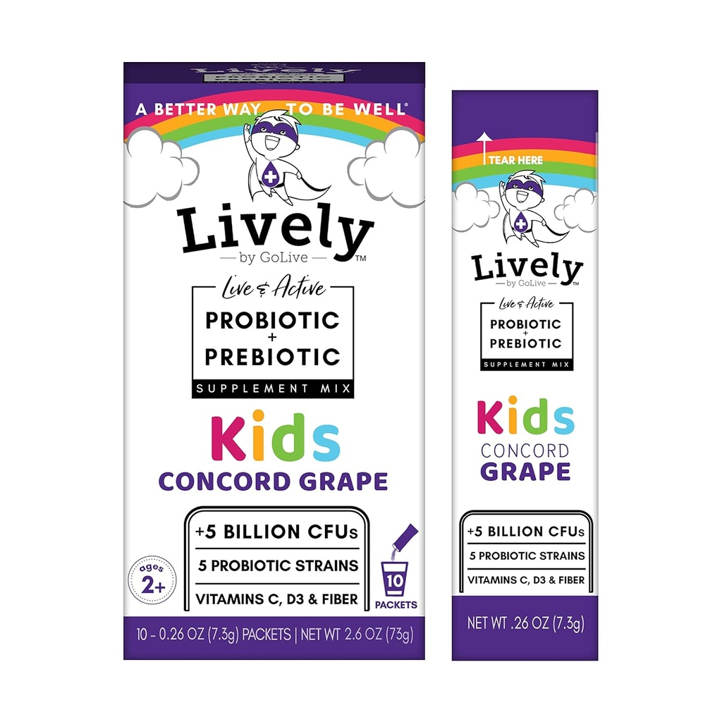 Lively (por GoLive) Kids CONCORD GRAPE Synbiótico (Probióticos + Prebióticos); 5 Strains Clínicos; +5 bilhões de UFC. Probióticos & Prebióticos KIDS para Digestão, Metabolismo, Imunidade. (10 Embalagens)
