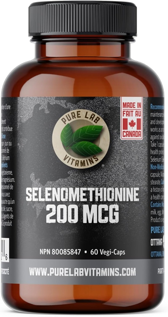 Selenium 200mcg Suplemento - Selenometionina - 60 v-caps por Pure Lab Vitaminas - Gluten Free Made in Canada.