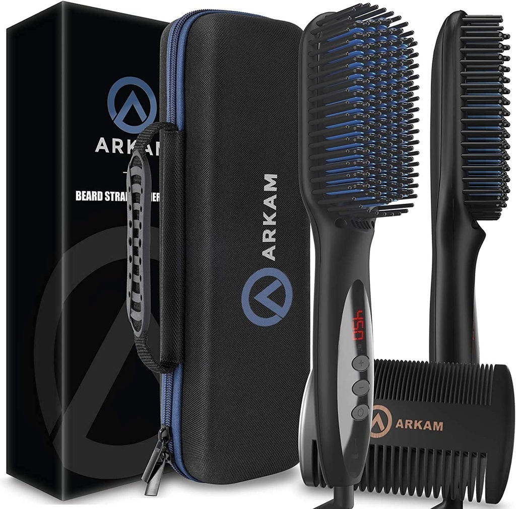 Arkam Barba Straightener para homens - Kit de escova de barba aquecida premium w / Anti-Scald Característica, dupla ação cabelo pente e dura Shell caso de viagem para barbas médias a longas - traje e grooming presentes para homens