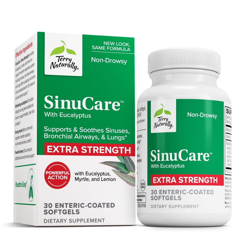 Terry naturalmente SinuCare extra força - Suplemento dietético com Eucalyptus & Myrtle - Imune & Lung Health Support - Fórmula suplementar para ajudar a saúde do sinusal - 30 Servings