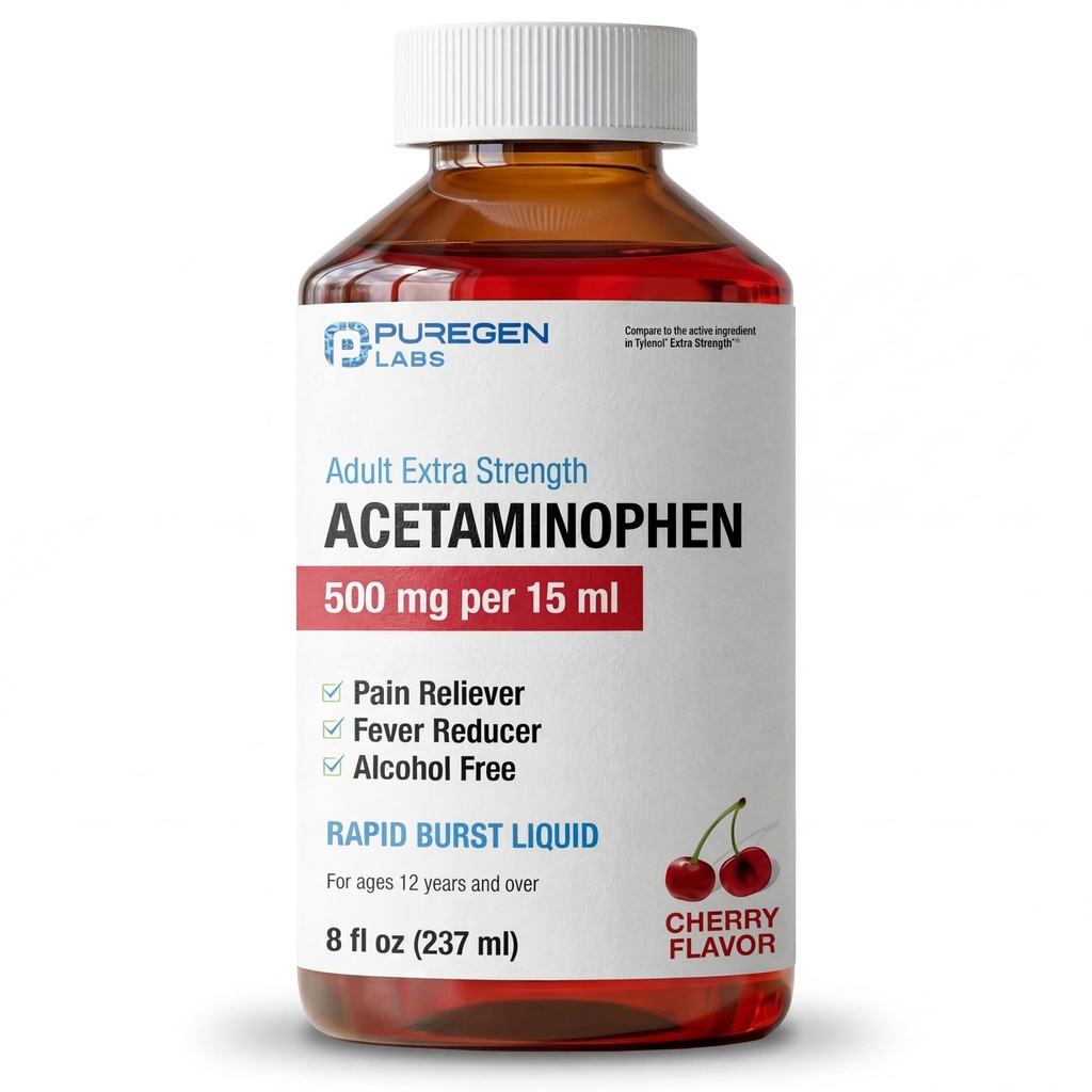 Puregen Labs Adulto Força Extra Acetaminofeno Líquido 500mg/15ml - 8 fl oz Rapid Burst Pain Reliever / Redutor de Febre, Cherry Flavor
