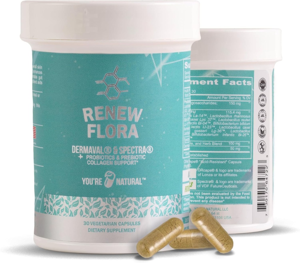Renovar Flora - Colágeno avançado e suporte da pele - Antioxidante Plus Enzimas digestivas e Gut Suporte para Mulheres e Homens com Estudos Clínicos - Lactobacillus e 12 Probióticos registrados - Fonte de 30 dias
