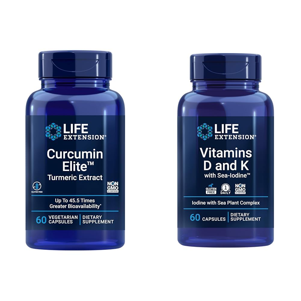 Vida Extensão Curcumina Elite Turmeric Extract, Promove uma resposta inflamatória saudável & Vitaminas D e K com Iodo Mar, Vitamina D3, Vitamina K1 e K2