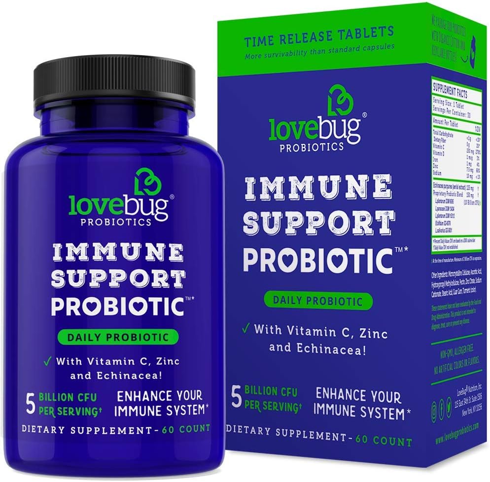 lovebug PROBIOTICS Imune Support Probiótico diário para homens e mulheres, 40 bilhões de UFC & 6 Strains, inclui vitamina C, zinco e Echinacea, 30 cápsulas, Vegan & Non-GMO