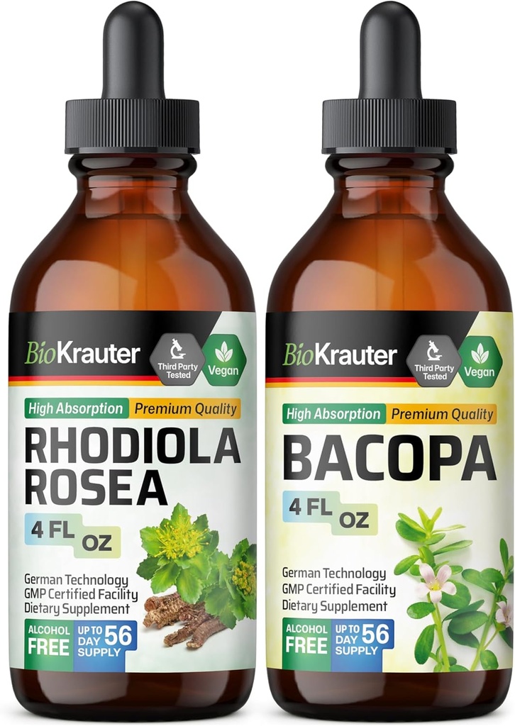 BIO KRAUTER Rhodiola Rosea Tintura 4 Fl. Oz. & Bacopa Tintura 4 Fl. Oz.