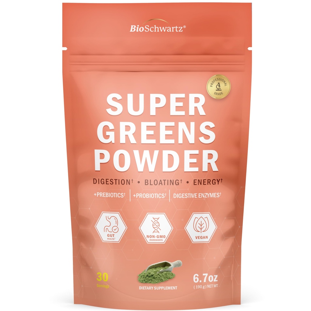 BioSchwartz Verdes Pó Super Verdes com Probióticos, Prebióticos, Enzimas Digestivas e 43 Superalimentos Verdes - Clorofila, Mirtilo, chlorela, espirulina - Gostos surpreendentes - 30 Servings
