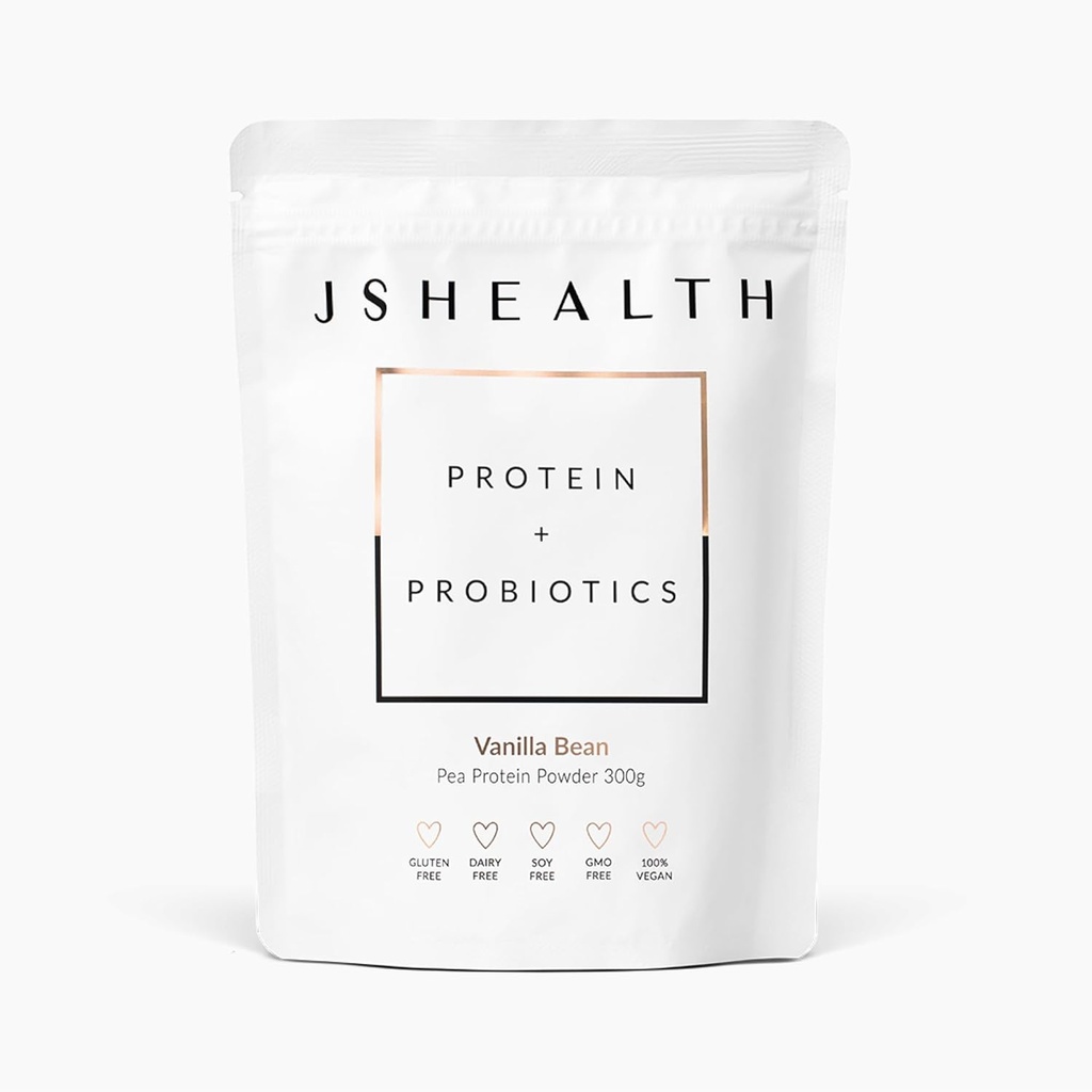 JSHealth Vegan Pea Protein Powder com Probióticos - Vanilla Bean Flavor - Gluten Free, Non GMO, Planta Based Protein Drink Mix, 300g