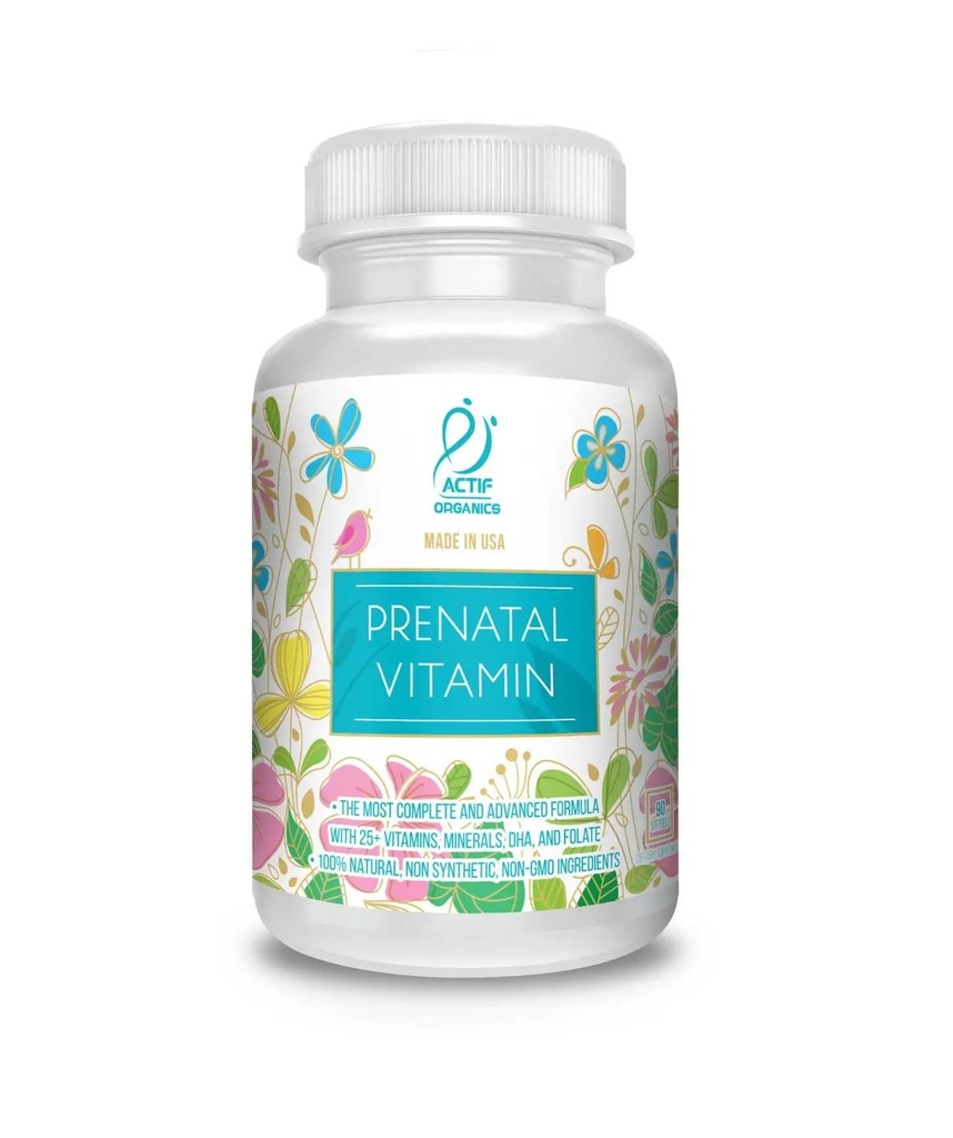 Vitamina pré-natal orgânica ACTIF com 30+ Vitaminas Orgânicas, 100% Natural, DHA, EPA, Ómega 3 e Mistura Orgânica de Ervas - Não-GMO, 90 Count, 2024 Fórmula