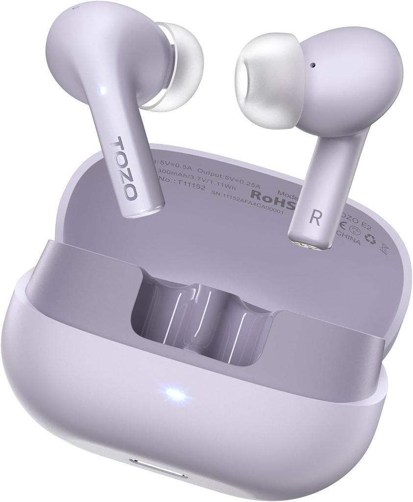 Tozo E2 Wireless Earbuds com 2 Mics AI Chamada de cancelamento de ruído, 10mm Drivers com baixo poderoso, App Personalize 32 EQs, 30H Playtime, Bluetooth 5.3 Ear Buds, Comfort Fit in-Ear Auscultadores