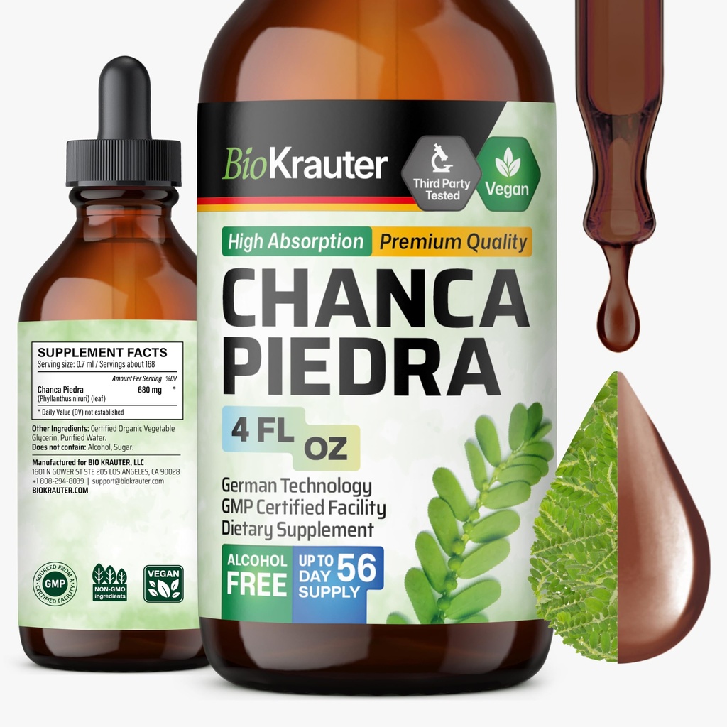 BIO KRAUTER Chanca Piedra Tintura - Natural Rim Saúde Suporte Líquido - Chanca Piedra Stone Breaker & Gallbladder Cleanse Fórmula - Vegan, Álcool & Açúcar gotas grátis - 4 onças