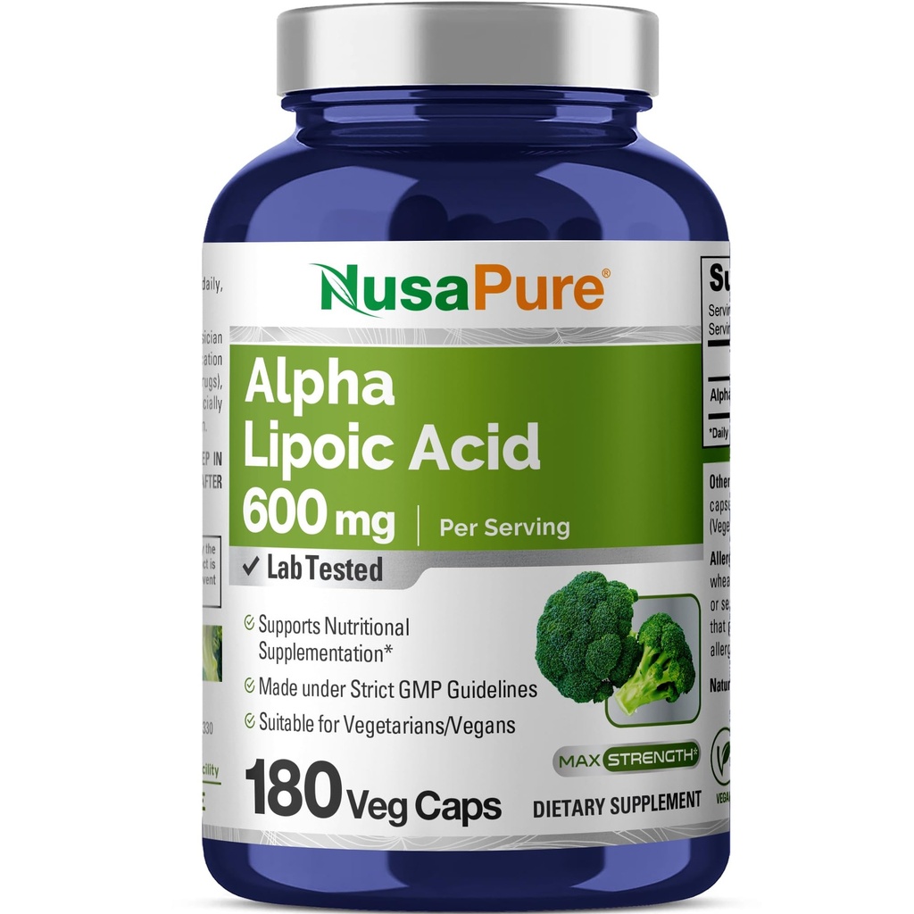 NusaPure Alpha Lipoic Acid 600 mg por serviço 180 Cápsulas Veggie (Vegetariano, Não-GMO, Vegan)