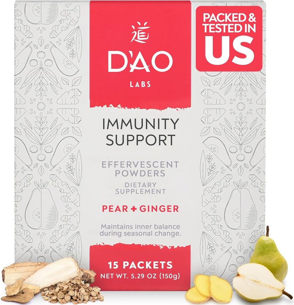 D’AO Labs Immunity Support - Immunity Boost - Effervescent Immunity Support Powder - Yu Ping Feng San Herbal tradicional chinês - Effervescent Powder com Pear-Ginger Flavor - 15 Servings individuais