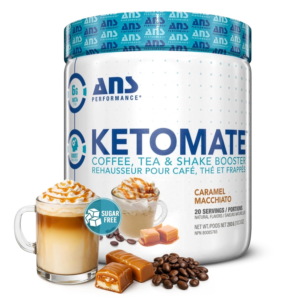 ANS desempenho Ketomate creme de café com MCT óleo em pó, Delicious, Creamer sem açúcar para café, chá e shakes, Keto perfeito Energia pó, 20 Servings, 15 onças, Caramel Macchiato
