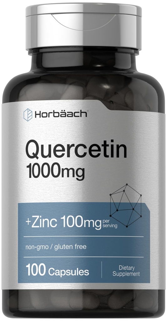 Horbäach Quercetin 1000mg 100 Cápsulas, com 100mg de zinco, sem OGM, Suplemento Glúten, Fórmula de alta potência